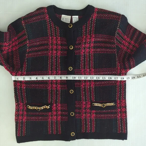 Just for Petites Plaid Chain Link Cardigan Sweater PM Black Red - Picture 14 of 16